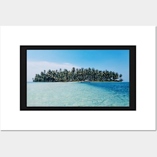 Distant view of a boat moored at an island covered with tropical trees Posters and Art